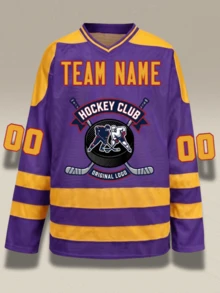 Custom Men Ice Hockey Jersey Personalized Team Logo Name & Number Long Sleeve Purple Gold Striped Sportswear - Purple - View 2