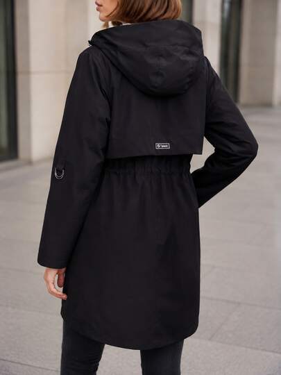 Women's Hooded Longline Trench Coat, Drawstring Waist, Zip Pockets, Plaid Lining, Casual Lightweight Jacket For Spring & Autumn