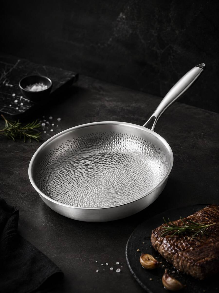 1 buah Wajan Stainless Steel Bertekstur, Gagang Panjang Warna Perak Elegan, Dasar Datar, Cocok untuk Menggoreng Steak, Telur, Memasak Makanan Laut, Ayam dan Sayuran, Panci Multifungsi, Peralatan Masak Dapur Modern, Cocok untuk Makanan Sehari-hari dan Makan Keluarga, Panci Masak - View 1