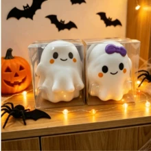 1pc Crazy Fun Ghost Squishy Toy, White & Purple Bowknot Set, Halloween Theme Stress Relief Squeeze Toy, Holiday Desktop Decor Ornament, Party Atmosphere Creative Small Gift - Multicolor - View 3