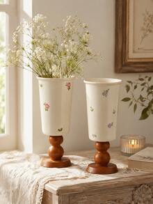 1pc French Vintage Ceramic Vase With Wooden Base, Floral Pattern Decorative Vase, Elegant Luxury Home Decor, Suitable For Living Room, Dining Table, Entryway, Shelf, Can Hold Fresh Flowers Or Dried Flowers, Unique Housewarming Gift, Ramadan And Eid Gift - Wooden High Legs - View 11