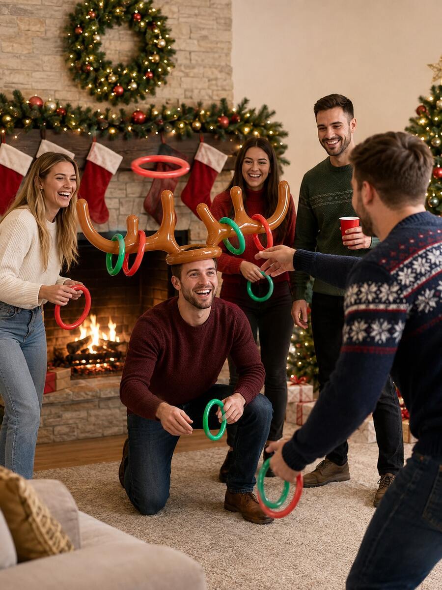 Christmas Inflatable Reindeer Antler Ring Toss Game Set, Wearable Antlers With Red & Green Rings For Holiday Party, Fun Indoor Christmas Party Game, Christmas Gathering Activity, Home Celebration Christmas Stocking Stuffer Gift - Inflatable Antler Ring Toss Game - View 1