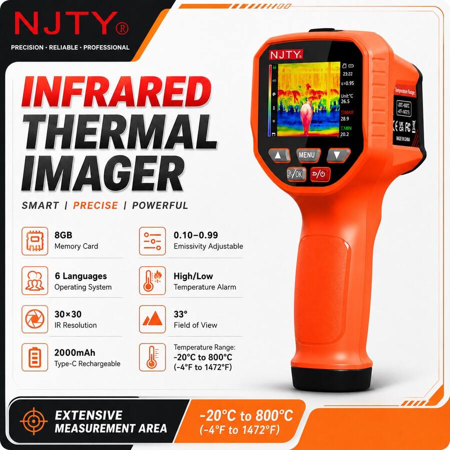 NJTY S-M8 Handheld Infrared Thermal Imaging Camera, 6 Color Palettes, 6 Languages, Adjustable Emissivity, High/Low Temperature Alarm, 2.8-Inch LCD Screen, Suitable For Floor Heating Leak Detection, Circuit, Mechanical Maintenance Thermal Imaging Scanner