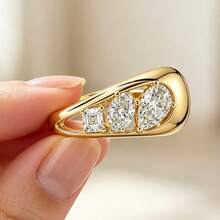 1pc Women's Luxury Three-Stone Ring, Asscher Square Diamond & Oval Zirconia Splice Hollow Design, 14K Gold Plated, Party Engagement Decorative Gift Jewelry - Yellow - View 7