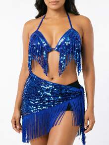 Sequin Fringe Halter Top Sequin Knotted Wrap Fringe Dance Hip Scarf Carnival Party Performance Outfit (Multiple Colors Available) - Multicolor - View 10