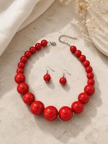 Hegaze 1 Set Vintage Glossy Red Oversized Beaded Necklace And Earrings Set, Exaggerated Beaded Choker, Vacation Style Elegant Accessory - Red - View 5