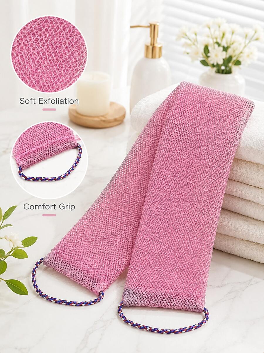 Long Double-Handle Mesh Back Bath Brush Strap, Body Exfoliating Scrub Brush, Deep Cleaning Gentle Exfoliation, Quick-Drying Reusable, Unisex, Home SPA And Travel Essential - Multicolor - View 1