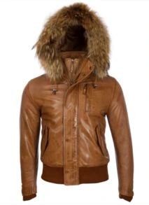 AVIATRIX Men's Genuine Leather Bomber Jacket With Hood In Tan Colour (QS6C) - Brown - View 14