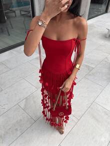 Fashionable Sexy Elegant Off-Shoulder Rose Flower Tassel Design Fitted Short Party Evening Dress - Red - View 1