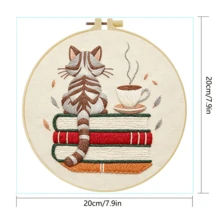 1PC 20*20cm/7.9*7.9in,Cat And Coffee Embroidery Kit, DIY Handmade Embroidery Set For Adult Beginners, Home Gift, Women's Sewing Gift, Including User Manual, Printed Pattern Fabric, Embroidery Frame, Needle And Thread. - Cat and Coffee - View 5