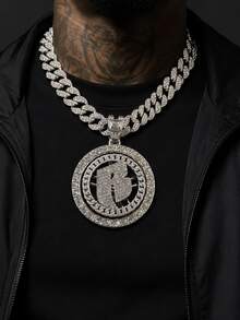 Rotating B Letter Round Pendant Full Rhinestone Cuban Necklace, European And American Hip-Hop Style Men's Accessory, Nightclub Rap Street Fashion Personalized Gift Jewelry - Rotatable Letter B - View 2