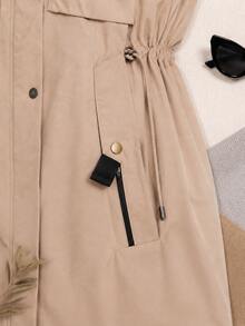 Women's Camel Hooded Utility Parka, Drawstring Waist, Zip & Snap Closure, Pockets, Mid-Length Spring Autumn Coat - Camel - View 5