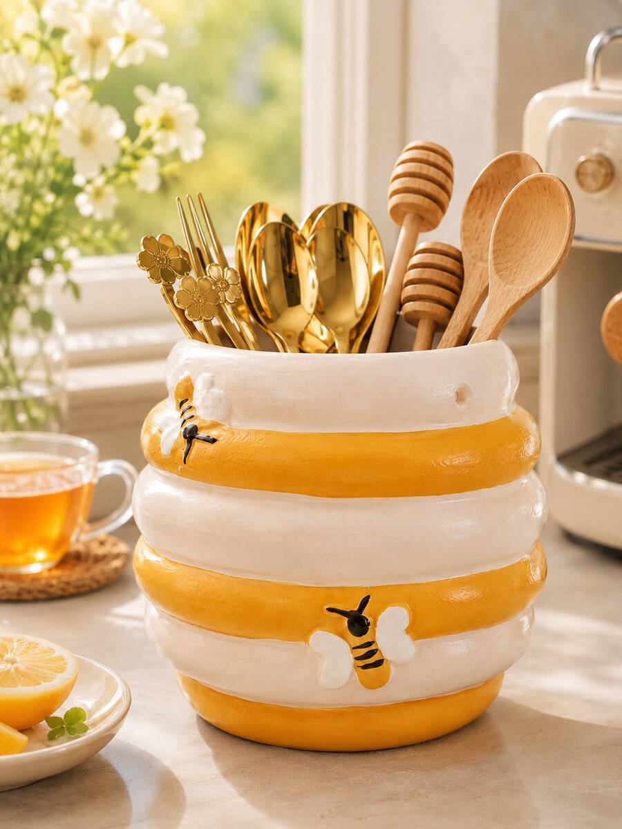 1pc Bee Hive Kitchen Utensil Holder, Cute Bee Kitchen Organizer For Cooking Spoons, Spatulas And Cutlery, Countertop Storage Container, Kitchen Tool Holder, Farmhouse Kitchen Decor, Dining Table Organizer, Housewarming Gift For Home - Multicolor - View 1