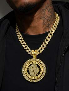 Rotating B Letter Round Pendant Full Rhinestone Cuban Necklace, European And American Hip-Hop Style Men's Accessory, Nightclub Rap Street Fashion Personalized Gift Jewelry - Rotatable Letter B - View 1