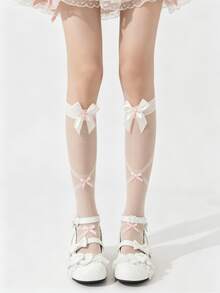 1 Pair White/Pink/Blue/Beige Bowknot Sweet Girl Lace Criss-Cross Tie Calf Socks - Multicolor - View 11