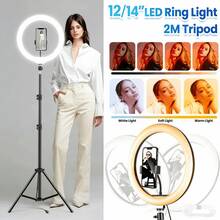 12/14 Inch Dimmable LED Ring Light Strip Kit, 2M Extendable Tripod Stand With Universal Phone Holder, Multi Brightness Selfie Ring Light For Makeup, Portrait Photography, Video Recording & Live Streaming Content Creation - Multicolor - View 2