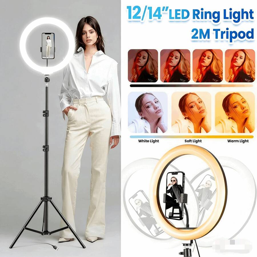 12/14 Inch Dimmable LED Ring Light Strip Kit, 2M Extendable Tripod Stand With Universal Phone Holder, Multi Brightness Selfie Ring Light For Makeup, Portrait Photography, Video Recording & Live Streaming Content Creation