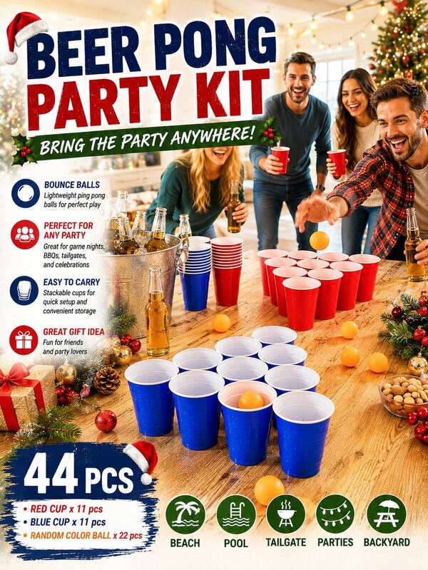 Juego de beber para fiesta familiar de Navidad, Juego de Beer Pong, Vasos de plástico reutilizables para fiesta, Utilizados para juegos de escritorio y suelo, Fiestas de camping al aire libre, Suministros de juegos de bar de Navidad, Juegos de mesa, Noches de juegos en pareja, Fiesta en la piscina