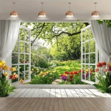 Garden Background, Suitable For White Window Floral Scene Banner, Can Be Used For Weddings, Birthdays And Celebrations. Multi-Purpose Party Decoration, No Electricity Required. - A - View 4