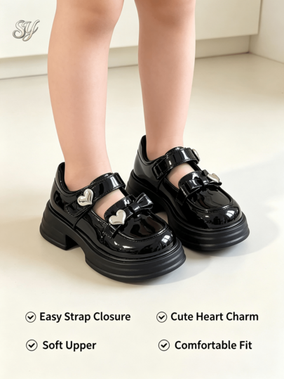Sweet Academy Style Girls Patent Leather 2.5CM Thick Sole Loafers Bow Decor Metal Heart Pendant Double Hook & Loop Closure Chunky Heel Thick Sole Kids Shoes Daily Party Vacation Outfit
