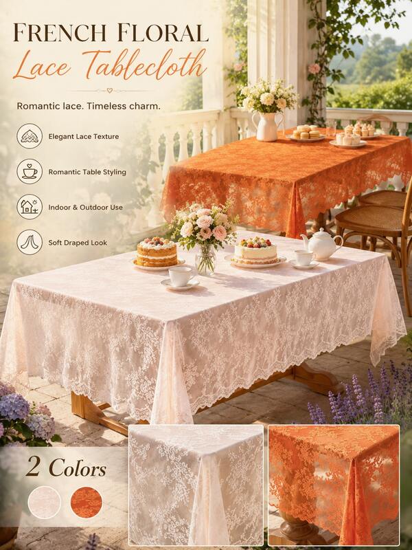 1pc French Floral Lace Tablecloth, Hollow Floral Pattern Rectangular Tablecloth, Romantic Atmosphere Decorative Dining Tablecloth, Suitable For Restaurant, Patio, Balcony, Outdoor, Home Party Decoration