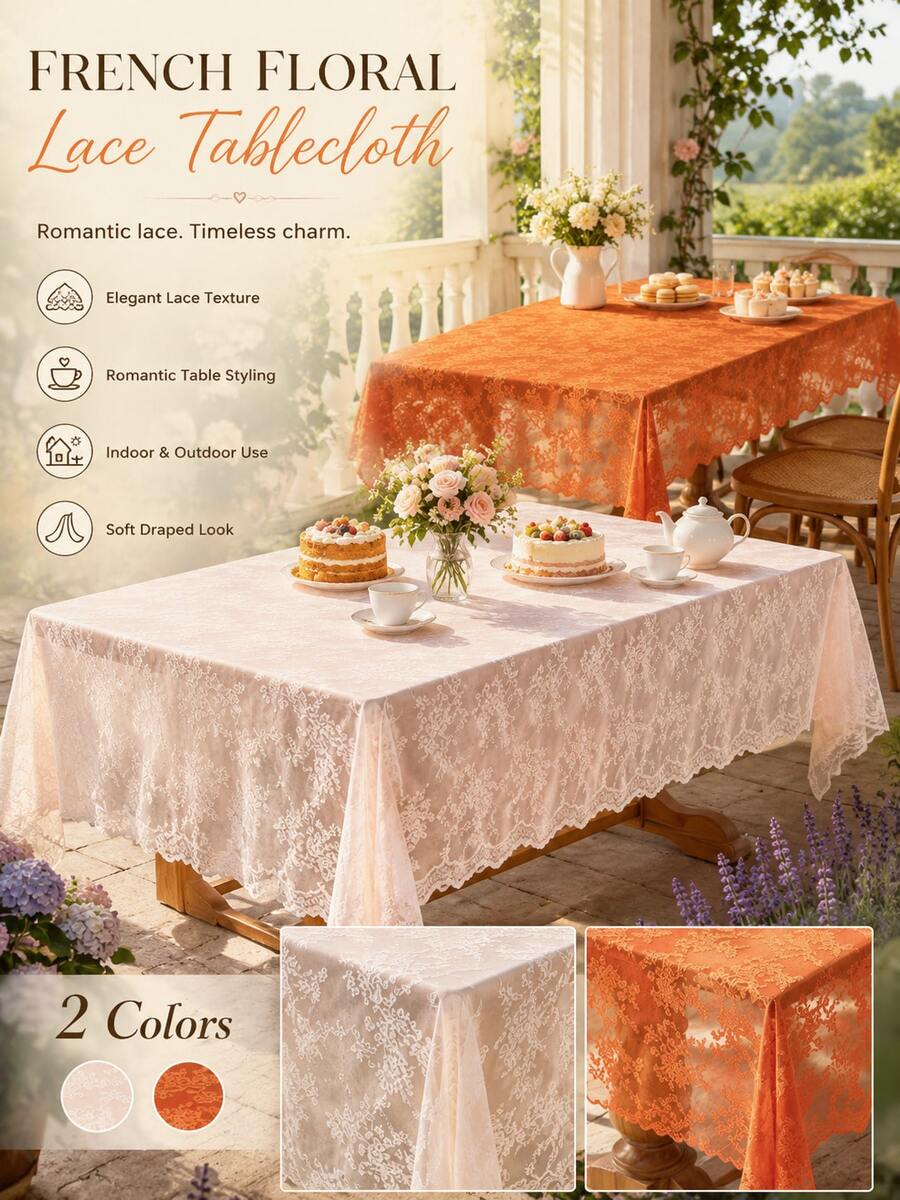 1pc French Floral Lace Tablecloth, Hollow Floral Pattern Rectangular Tablecloth, Romantic Atmosphere Decorative Dining Tablecloth, Suitable For Restaurant, Patio, Balcony, Outdoor, Home Party Decoration - Multiple Styles - View 1