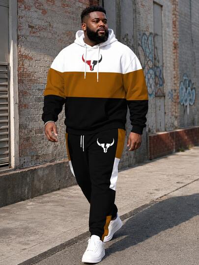 2pcs Cartoon Print Plus Size Men's Contrast Color Print Hoodie Sweatshirt And Sweatpants Casual Tracksuit Set, Suitable For Outdoor Activities And Sports In Spring And Autumn