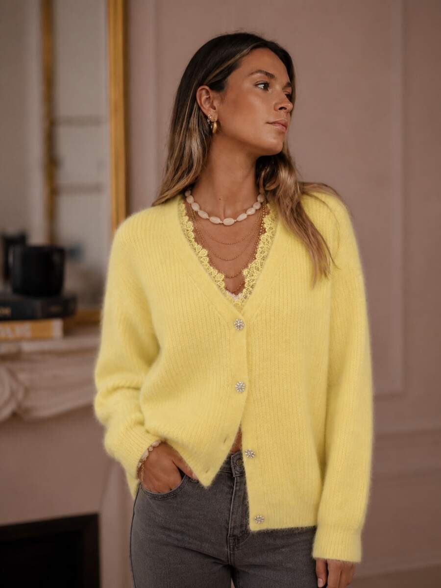 Women's Knitted Cardigan, V-Neck With Rhinestone Buttons, Loose Front Opening, Suitable For Daily Autumn And Winter Wear, Back To School Style - Yellow - View 1