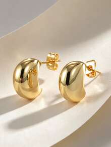 Charm-In Women's Glossy Chunky C-Curve Stud Earrings, Copper 18K Gold Plated Thick Dome Earrings, Fashion Jewelry For Dating & Office Outfits - Gold - View 8