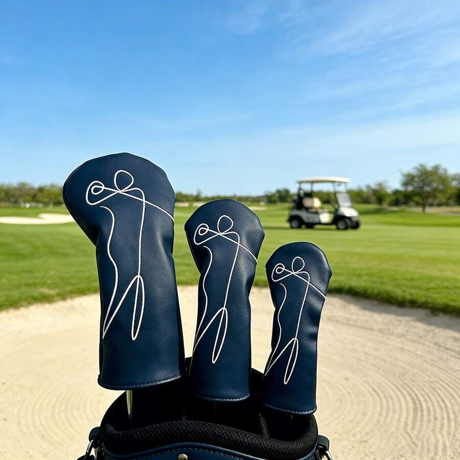 Pelindung Kepala Stik Golf Bordir Potret Garis Minimalis, Bahan PU Tahan Gores dan Tahan Lama, Pelindung Kepala Stik Golf Premium yang Sederhana - Navy Blue - View 1