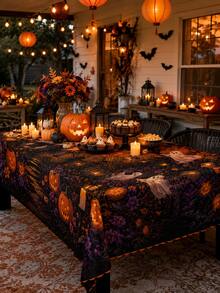 This"Happy Halloween" Themed Tablecloth Features Spooky Ghost And Pumpkin Patterns, Creating An Eerie And Mysterious Holiday Atmosphere; It Is Perfect For Decorating Home Kitchens And Dining Areas, And Makes An Ideal Choice For Autumn Holiday Parties - Multicolor - View 12