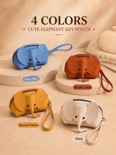 XD Cute Little Elephant Leather Mini Storage Pouch, Multi-Functional Zipper Coin Purse Card Holder, Fashion Bag Charm, Girls' Lipstick And Coin Organizer Accessory Bag