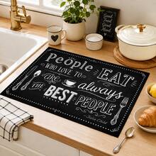 1pc Black & White English Slogan Table Mat, Vintage Cafe Blackboard Style, Quick-Drying Absorbent Material, Handwritten Letters & Tableware Print Design, Non-Slip Surface Protector, Suitable For All Seasons, Daily Kitchen, Coffee Corner, Tableware Draining & Home Decor - Multicolor - View 4
