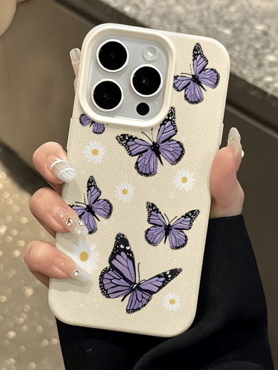 1pc White Daisy & Purple Butterfly Minimalist Full Coverage TPU Shockproof Phone Case Compatible With Apple 18 17 16 15 14 13 12 11 Pro Max Air And Series