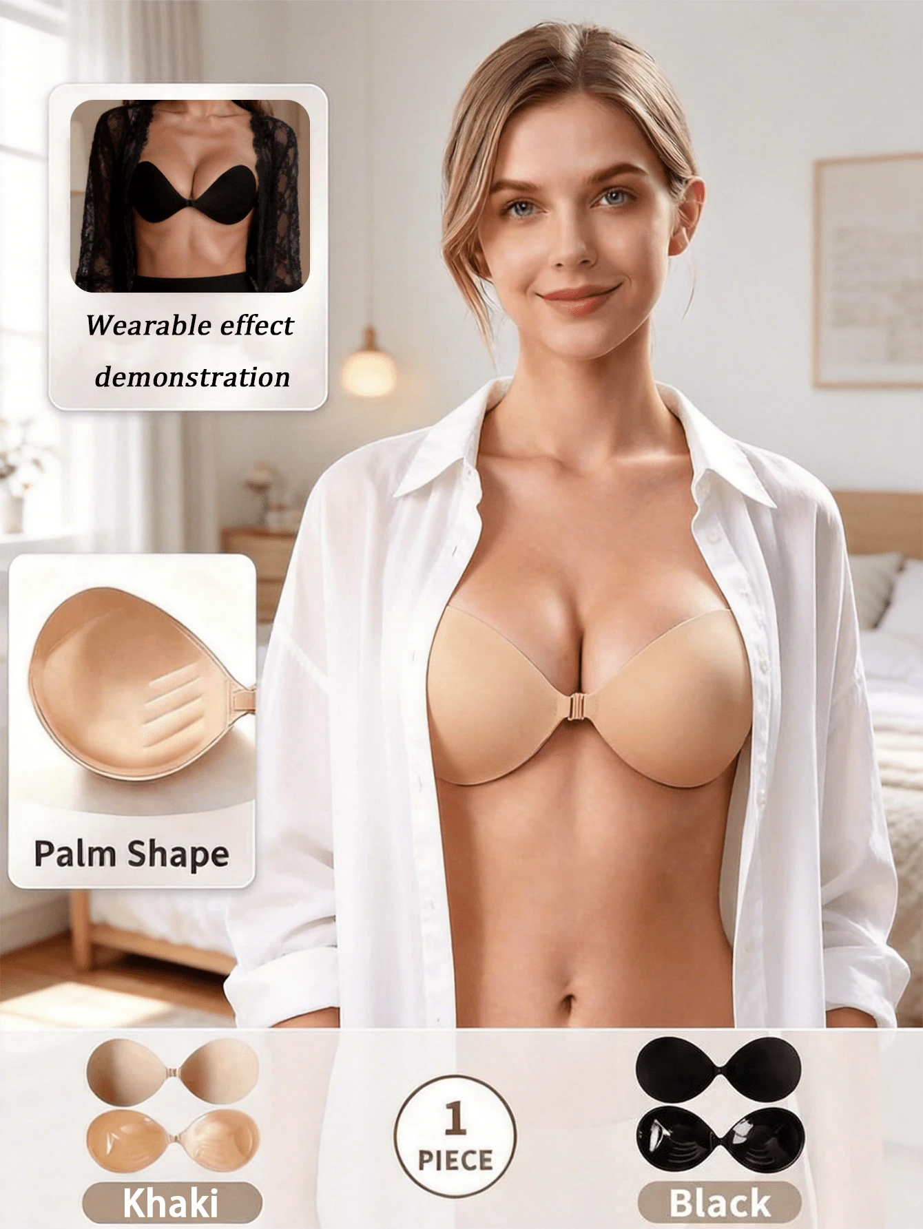 1pc Palm-Shaped Adhesive Bra, Seamless Push-Up Bra, Backless & Strapless Bra, Invisible Self-Adhesive Bra, Front-Clasp Design Bra, Adhesive Bra Pads Suitable For Backless Dresses And Vacation Wear For Women. Natural Lift & Adhesive Technology - With Clasp Design. - Multi-color - View 1