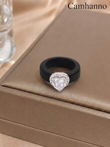 1pc Pink Soft Silicone Ring With Heart Halo Zirconia Accessories, Skin Friendly And Wear‑Resistant, Versatile Ring For Daily Atmos - Silver - View 9