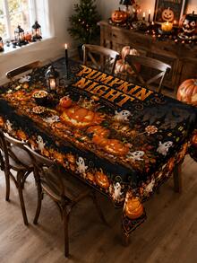 Black And Orange Pumpkin-Themed Halloween Tablecloth – Rectangular Table Cover Featuring Jack-O'-Lanterns, Ghosts, And Autumn Leaves – Ideal For Dining Table Decor, Halloween Parties, Fall Harvest Themes, And Home Kitchen Styling - Multicolor - View 7