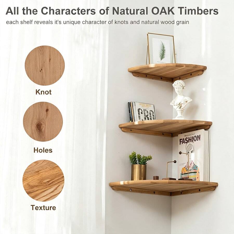 1 pieza Estantería de esquina de madera maciza de 22 cm, Estantería de pared de madera, Estantería de almacenamiento de decoración de pared de madera fijada con tornillos - Multicolor - Ver 1
