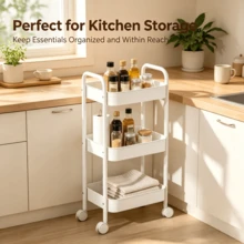 3‑Tier Rolling Storage Trolley Cart On Wheels, Narrow Space Organiser Rack For Kitchen, Bathroom & Laundry Room - White - View 7
