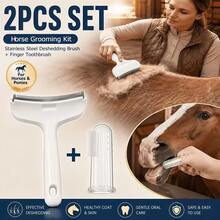 Horse Grooming Brush + Horse Toothbrush Finger Sleeve, Suitable For Horses And Ponies, Heavy Duty Winter Fur Cleaning Tool, With Ergonomic Handle, Professional Stable Grooming Comb, Suitable For Livestock, Equestrian Equipment Dehairing Brush Horse Supplies Horse Cat Dog Dog Supplies Cat Supplies Pet Horse Supplies - Multicolor - View 7