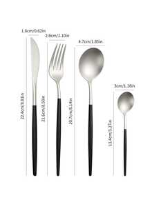 4/16/24pcs Stainless Steel Matte Cutlery Set Knife Fork Spoon Dessert Spoon Suitable For Home Kitchen Hotel Restaurant Gift - Silver + Black - View 2