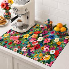 1pc Colorful Floral Pattern Dish Drying Mat, Fresh Pastoral Style, Quick-Drying Absorbent Material, Delicate Printed Design, Waterproof Stain-Resistant Non-Slip Countertop Protector, Suitable For Daily Kitchen, Dish Drying, Gatherings And Home Countertop Decor - Multicolor - View 2