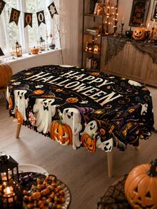 「Spooky Pumpkin」黑色萬聖節桌布，復古幻想風，印有南瓜燈籠、鬼屋與糖果圖案，適合萬聖節派對、秋季居家裝飾及廚房餐桌使用 - 彩色 - 查看 13