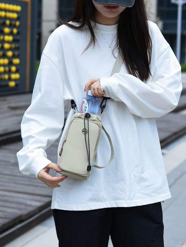 1 buc. geantă crossbody stil coreean, din pânză Oxford, impermeabilă, cu suport pentru sticlă de apă/pahar, design multistrat, poate încăpăta telefon și monede, potrivită pentru sală, drumeții, activități în aer liber, geantă de umăr pentru femei