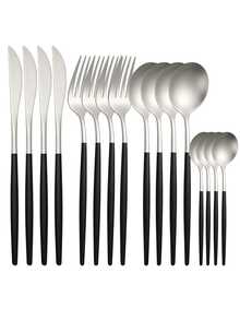 4/16/24pcs Stainless Steel Matte Cutlery Set Knife Fork Spoon Dessert Spoon Suitable For Home Kitchen Hotel Restaurant Gift - Silver + Black - View 9