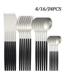 4/16/24pcs Stainless Steel Matte Cutlery Set Knife Fork Spoon Dessert Spoon Suitable For Home Kitchen Hotel Restaurant Gift - Silver + Black - View 1