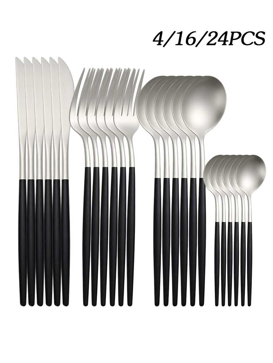 4/16/24pcs Stainless Steel Matte Cutlery Set Knife Fork Spoon Dessert Spoon Suitable For Home Kitchen Hotel Restaurant Gift - Silver + Black - View 1