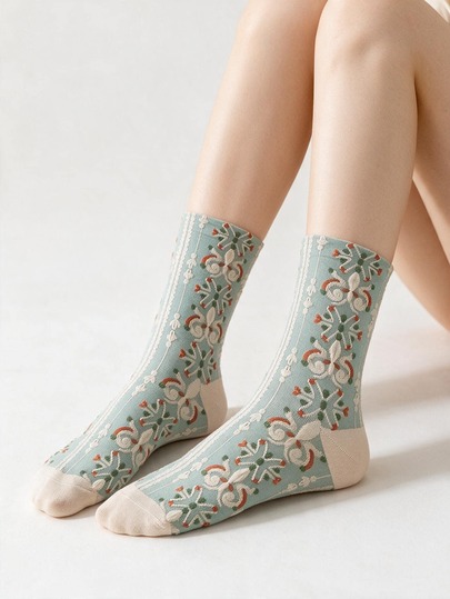 1 par de calcetines de mujer con bloques de color, estilo vintage