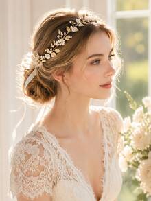 Pearl Flower Leaf Bridal Hair Vine, Gold/Silver Rhinestone Wedding Headband With Ribbon, Bohemian Style Bridesmaid Prom Party Hair Accessory - Multicolor - View 1