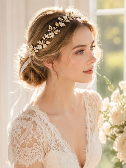 Pearl Flower Leaf Bridal Hair Vine, Gold/Silver Rhinestone Wedding Headband With Ribbon, Bohemian Style Bridesmaid Prom Party Hair Accessory